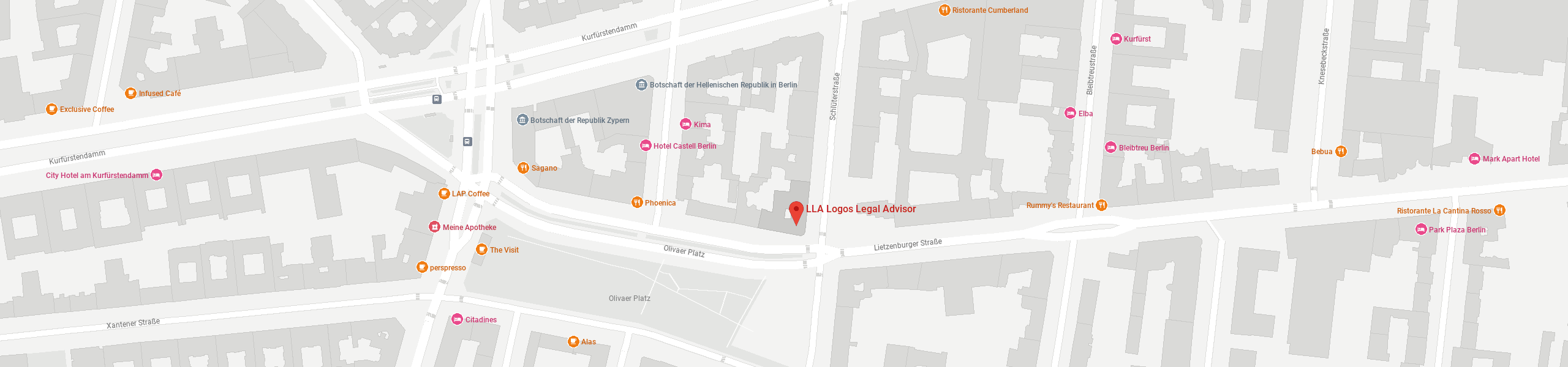 Karte: LLA Logos Legal Advisor, Schlüterstraße 42 Ecke Olivaer Platz, mit Stecknadel markiert